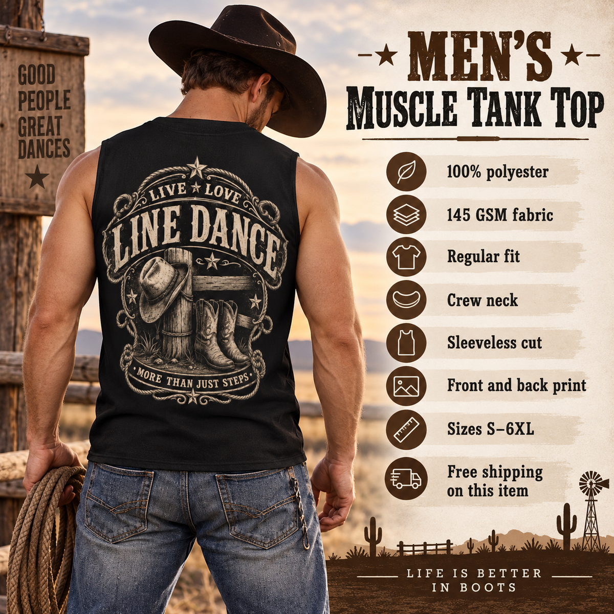Back view of the Live Love Line Dance men’s muscle tank with More Than Just Steps print