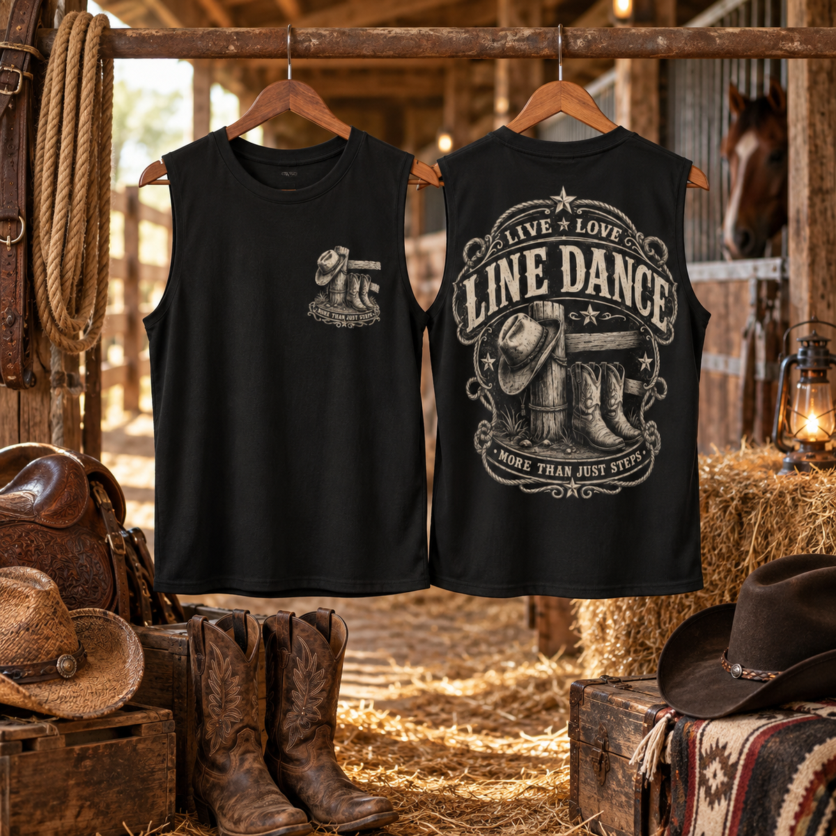 Live Love Line Dance men’s muscle tank top product features and sizing guide