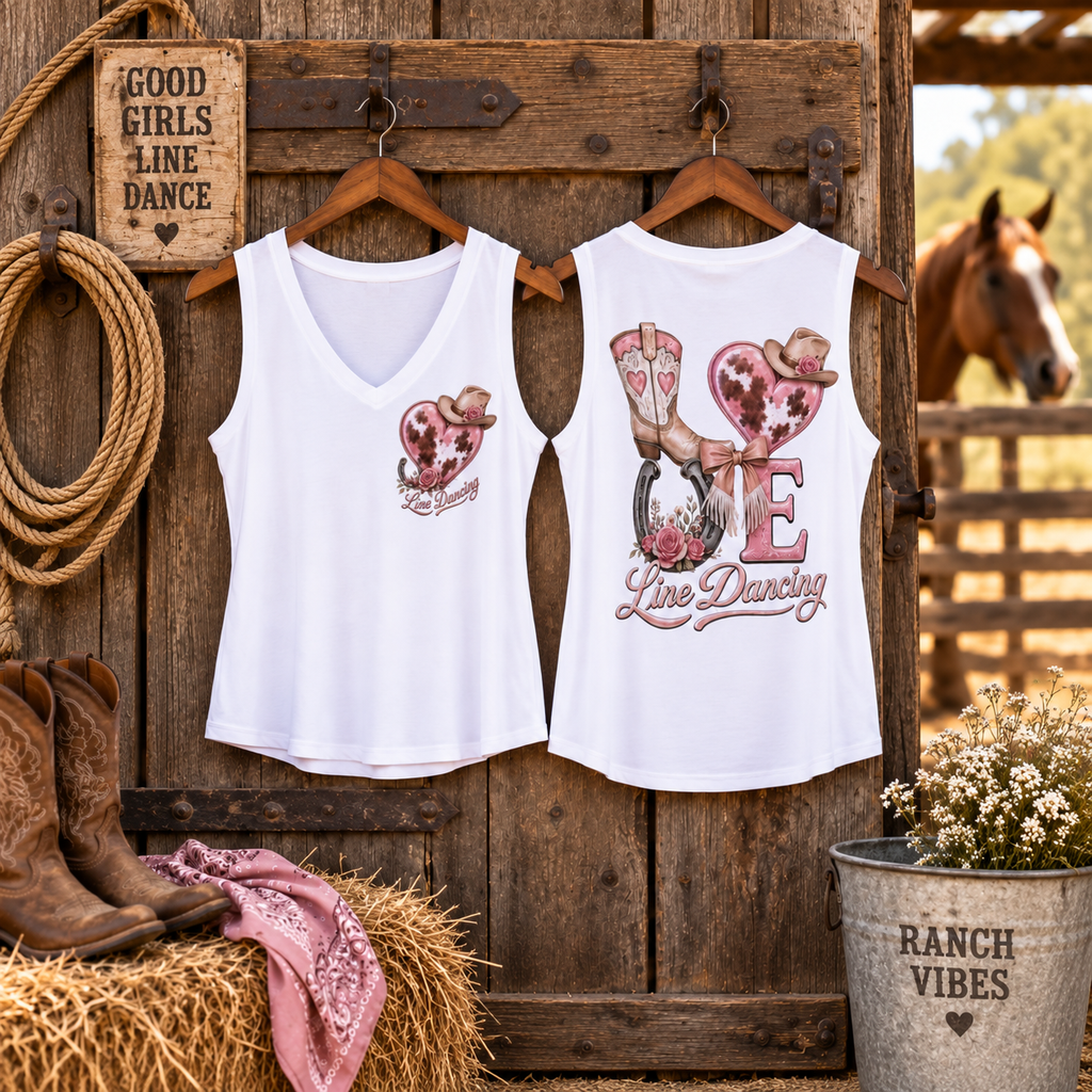 Love Line Dancing women’s V-neck tank top displayed front and back in a Western stable setting
