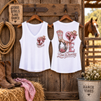 Love Line Dancing women’s V-neck tank top displayed front and back in a Western stable setting