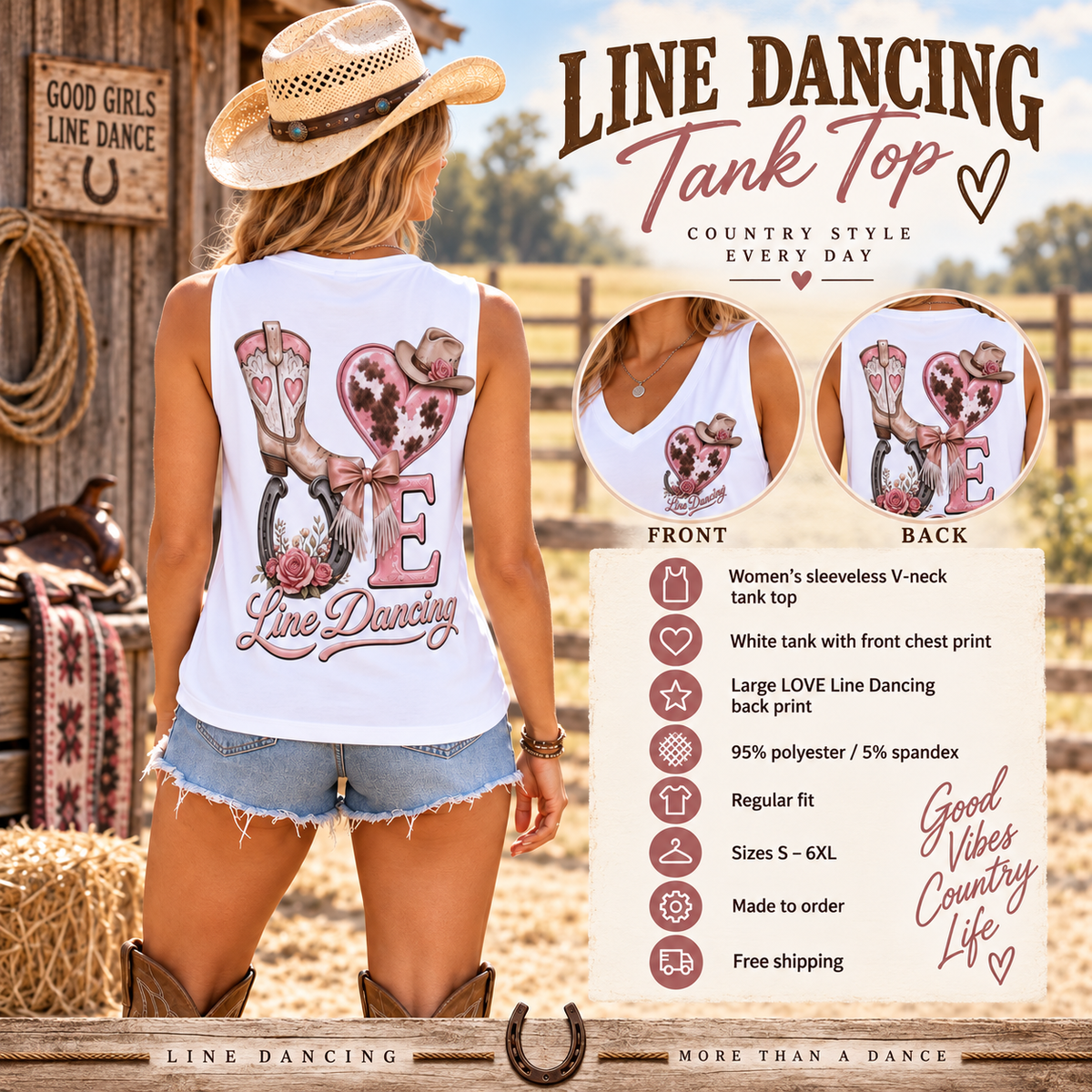Cowgirl modelling the Love Line Dancing women’s V-neck tank top with denim shorts and boots