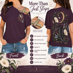 Purple Moonflower gold elastic shoulder top with front artwork and gold strap detail