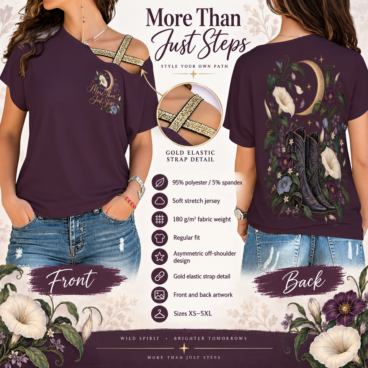 Purple Moonflower gold elastic shoulder top with front artwork and gold strap detail
