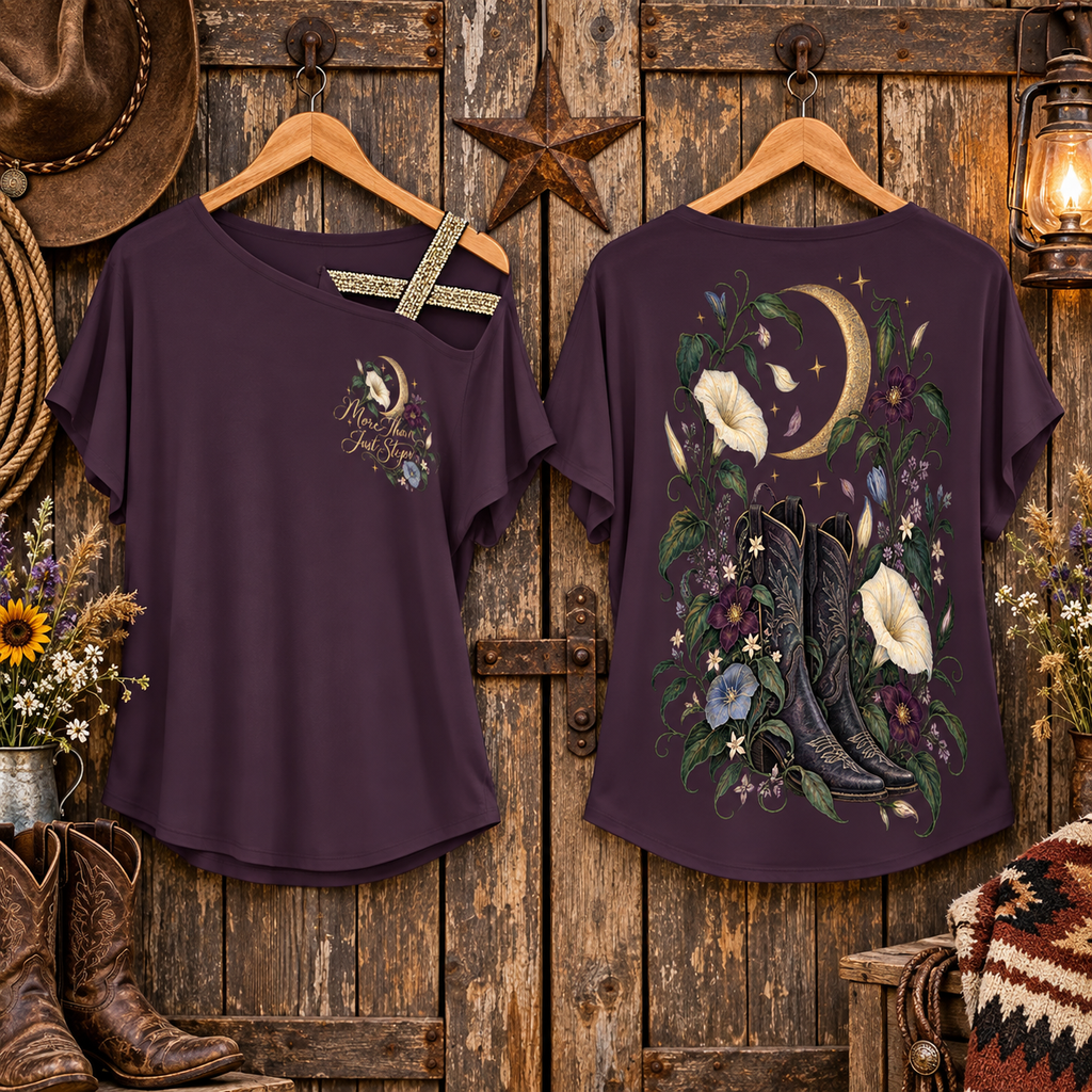 Purple Moonflower gold elastic shoulder top shown hanging front and back in a rustic barn setting