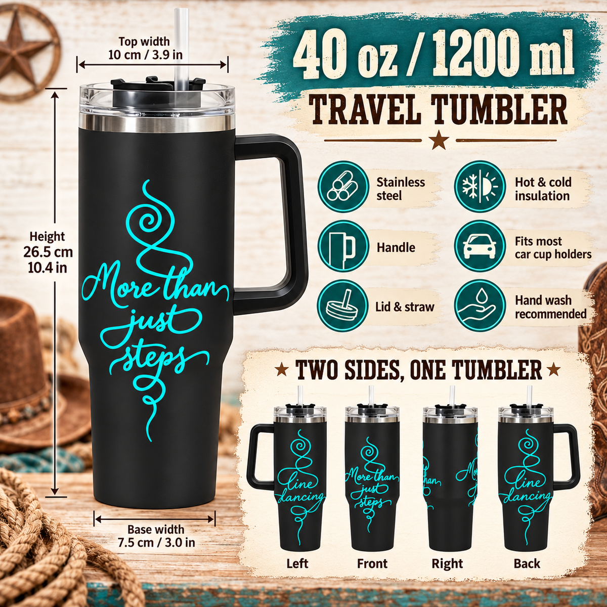 More Than Just Steps 40 oz line dancing tumbler western infographic with dimensions