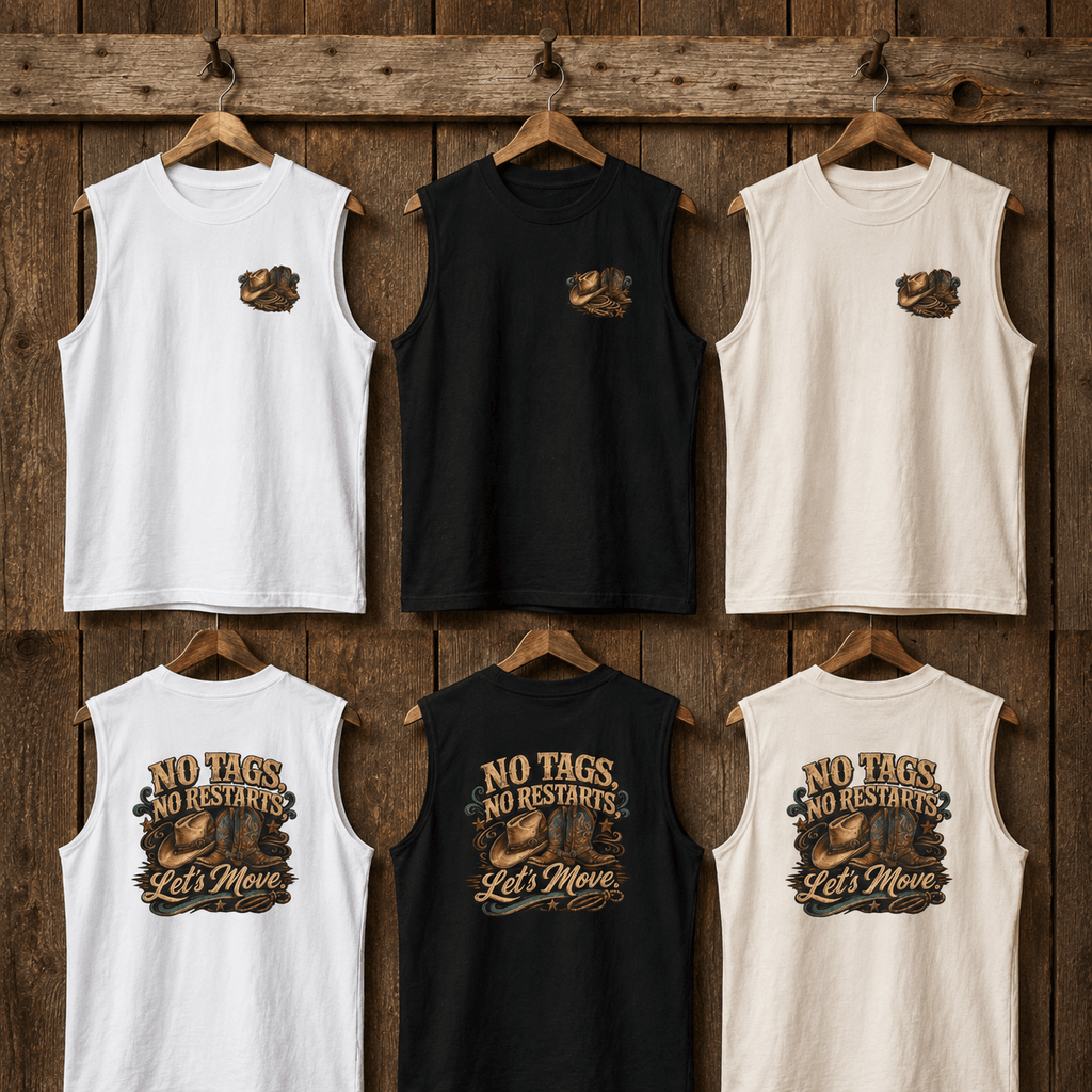 No Tags, No Restarts muscle tanks hanging in multiple colours