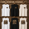 No Tags, No Restarts muscle tanks hanging in multiple colours