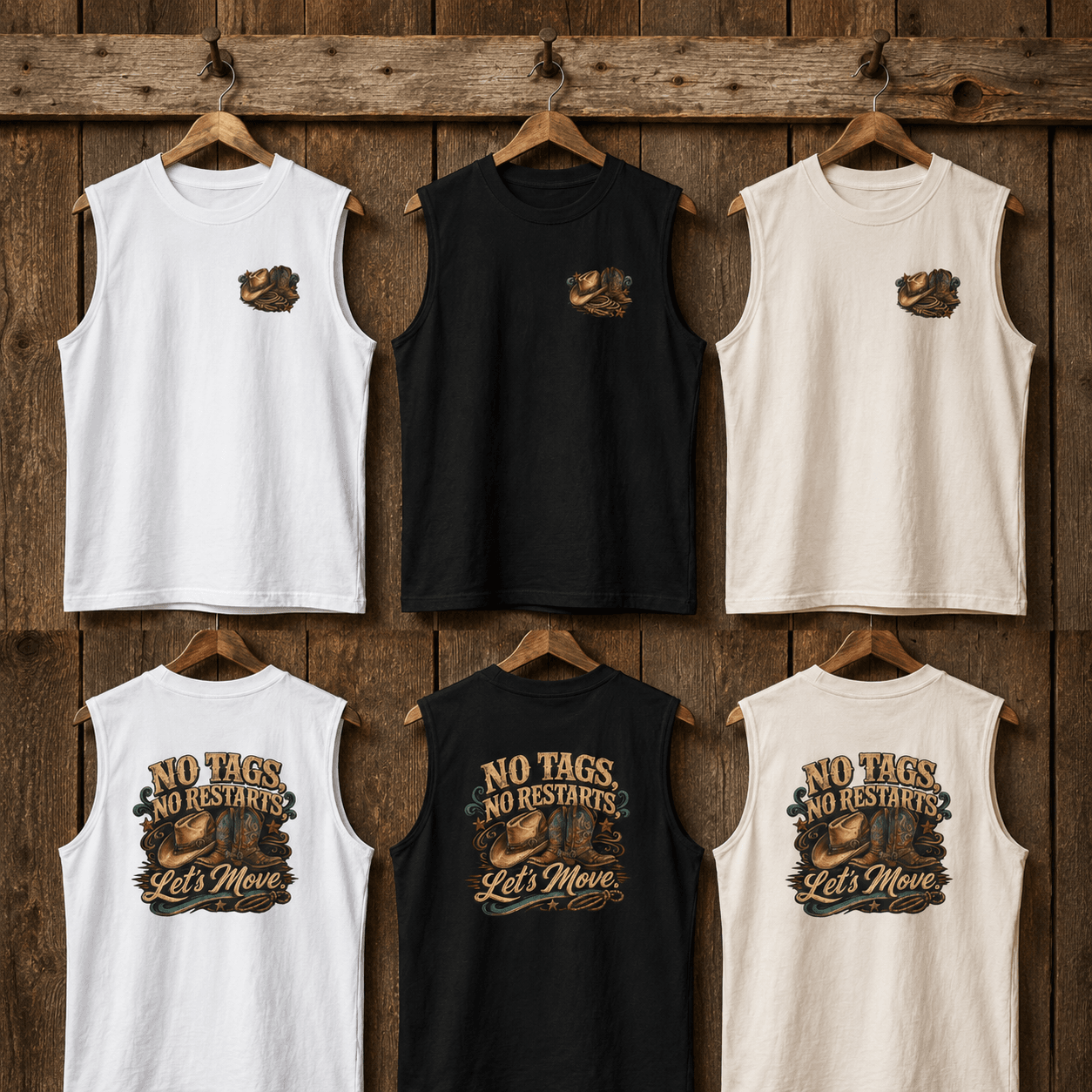 No Tags, No Restarts muscle tanks hanging in multiple colours