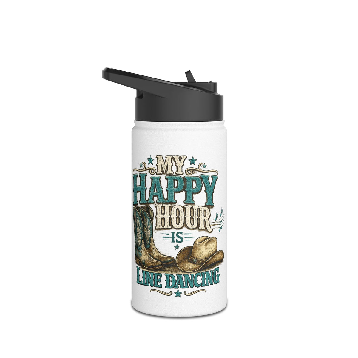 My Happy Hour Is Line Dancing personalised stainless steel bottle shown from the front