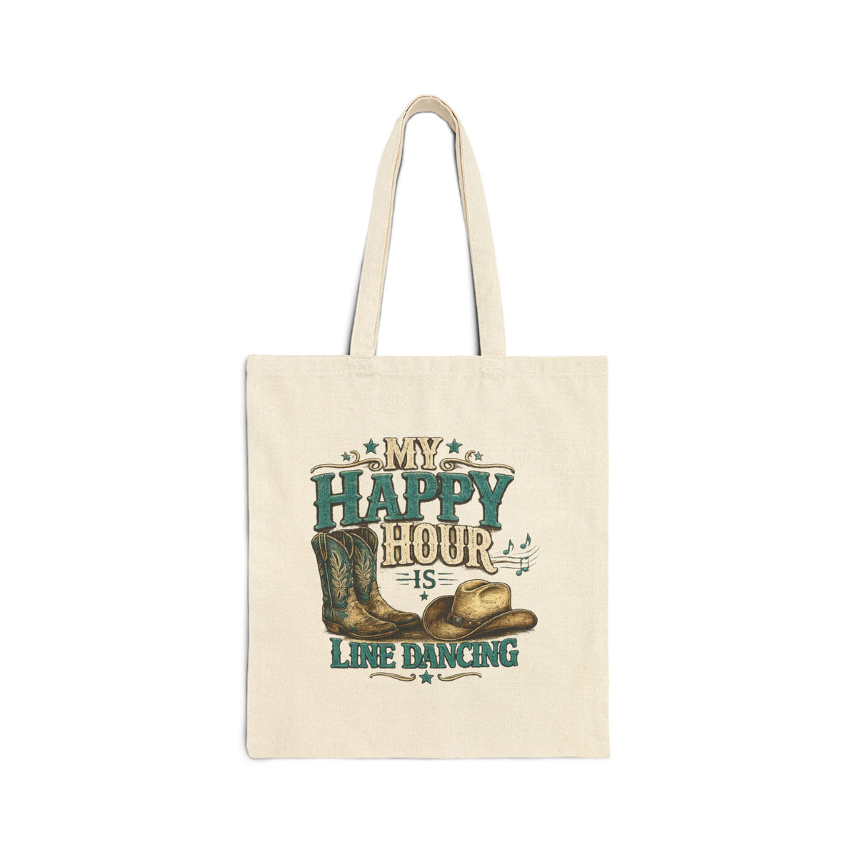 Black cotton canvas tote bag featuring cowboy boots, hat and musical notes.