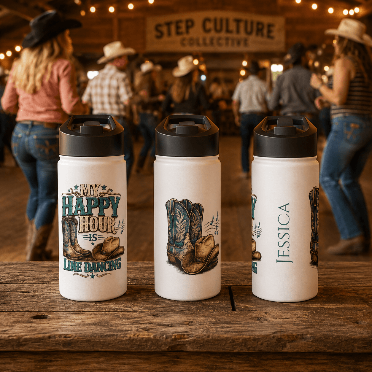 My Happy Hour Is Line Dancing personalised water bottle in a lifestyle setting