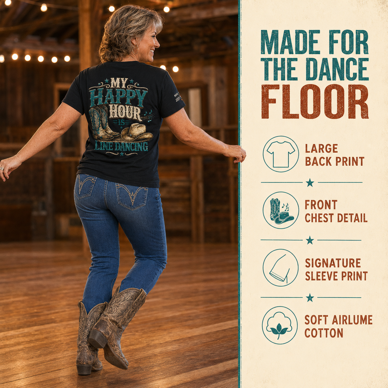 My Happy Hour Is Line Dancing tee infographic showing fit and product features