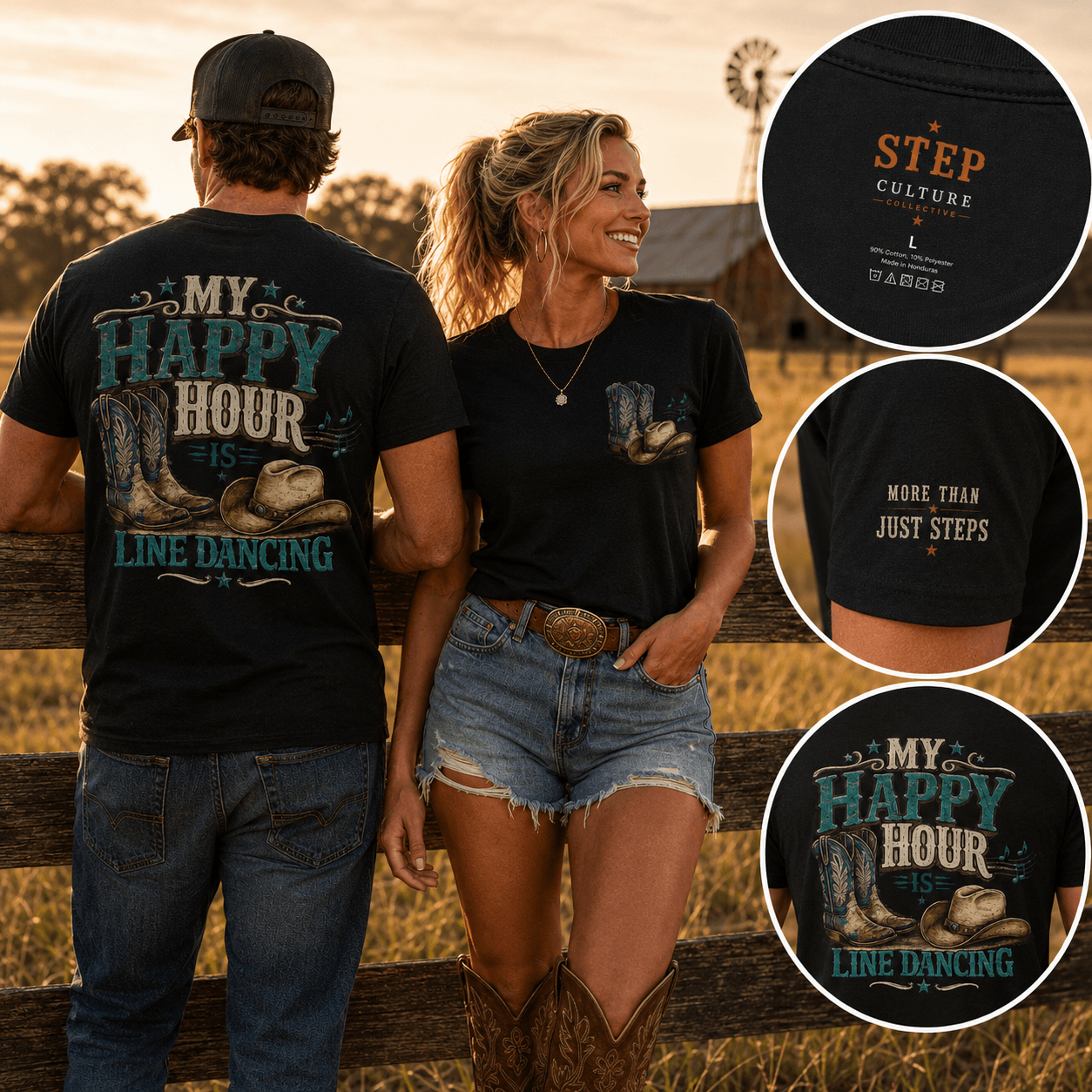 Line dancers wearing My Happy Hour Is Line Dancing tees in a lifestyle setting