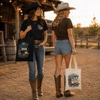 Lifestyle image of a canvas tote bag with cowboy boots, hat, music notes and ‘My Happy Hour Is Line Dancing’ artwork.