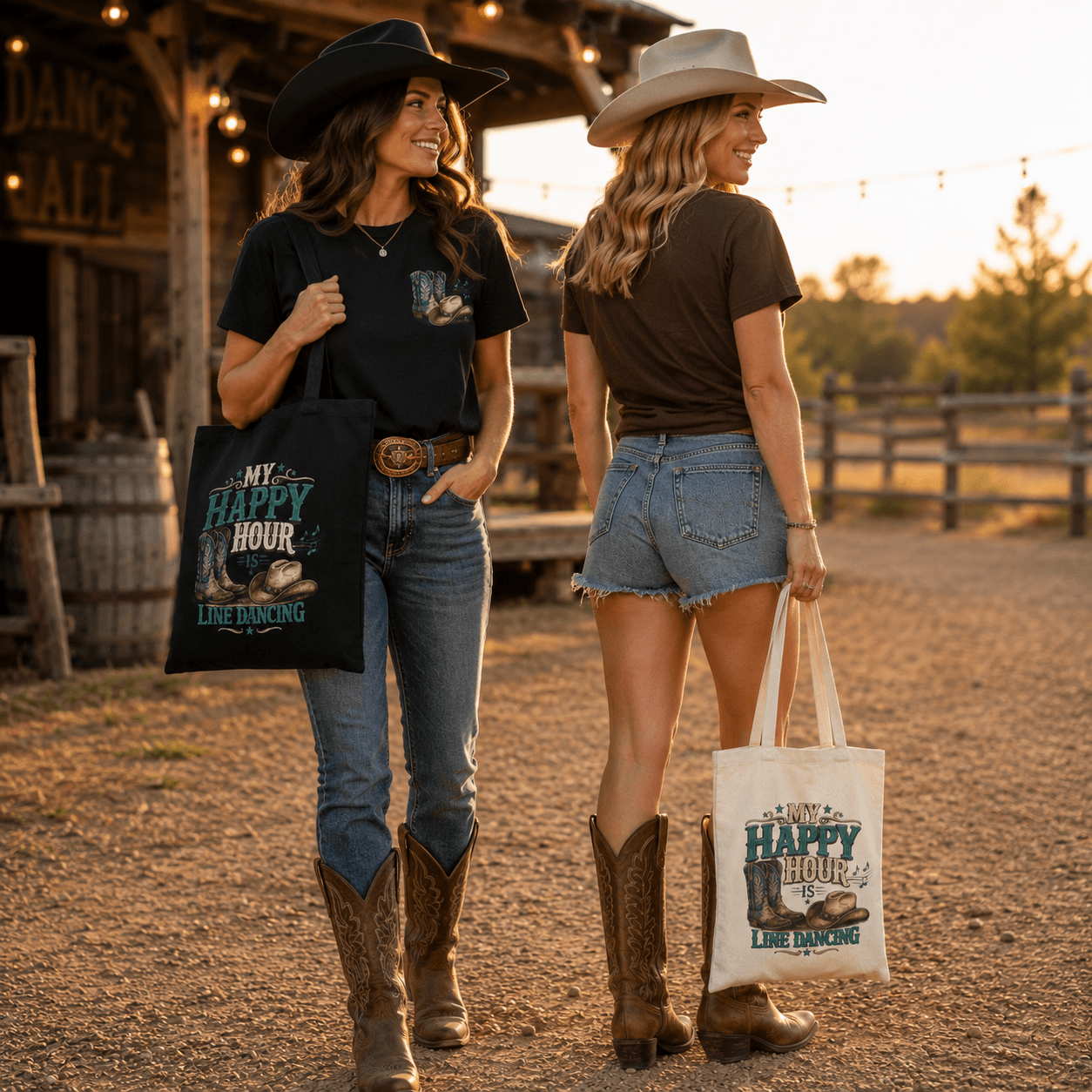 Lifestyle image of a canvas tote bag with cowboy boots, hat, music notes and ‘My Happy Hour Is Line Dancing’ artwork.