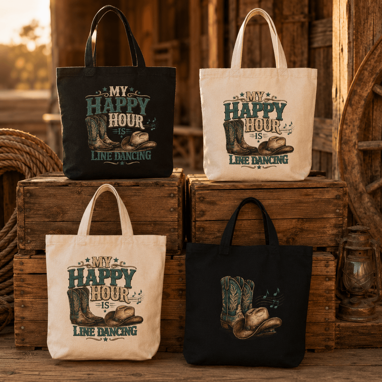 Natural and black ‘My Happy Hour Is Line Dancing’ tote bags displayed on rustic wooden crates.