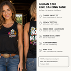 Gildan 5200 No Tags No Restarts Just Dance line dancing tank infographic showing classic unisex fit, cotton fabric, ribbed trim, tear-away label and sizes S to 2XL