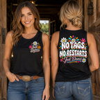 Two women wearing the No Tags No Restarts Just Dance retro floral Gildan 5200 line dancing tank, showing front and back designs