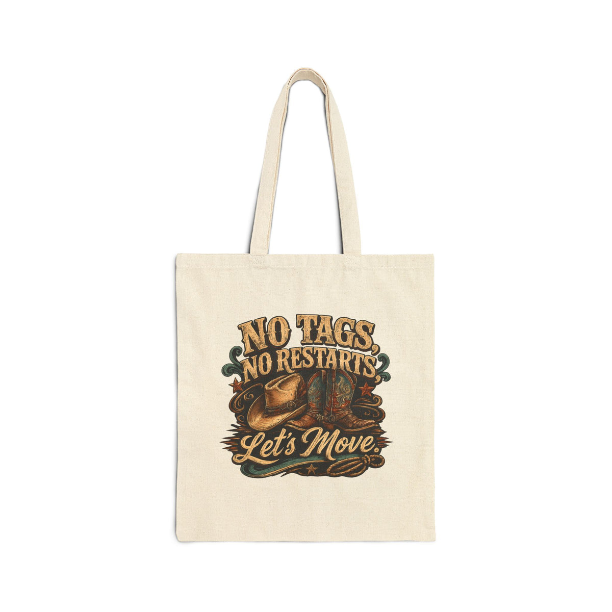 Front product mockup of the black ‘No Tags, No Restarts’ tote bag.