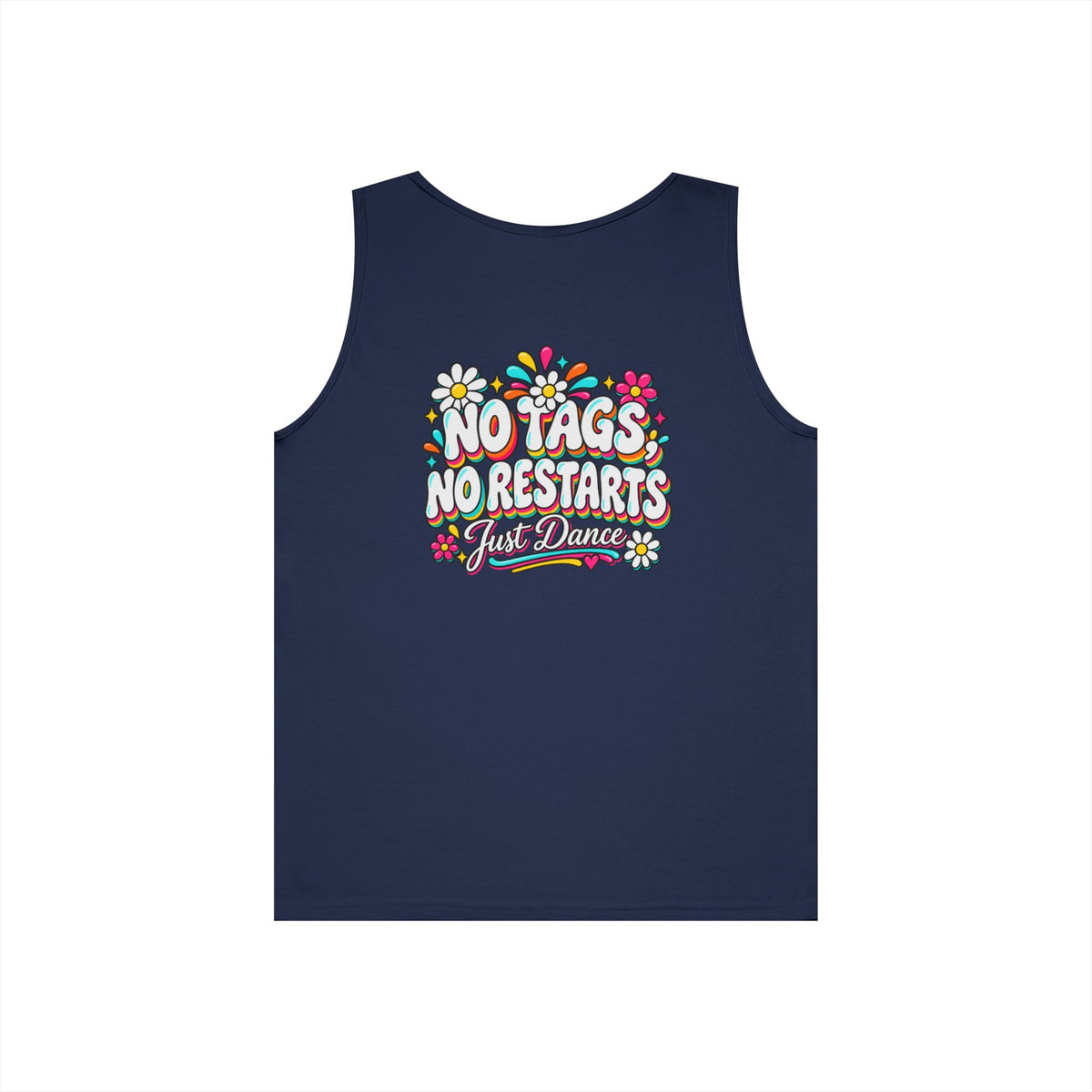 Back view of the No Tags No Restarts Just Dance Gildan 5200 retro floral line dancing tank top