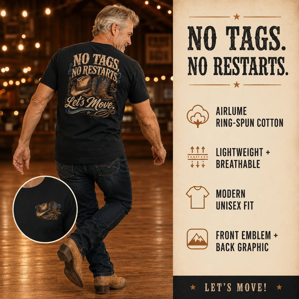 No Tags No Restarts Let's Move tee infographic with a line dancer and feature highlights