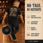 No Tags No Restarts Let's Move tee infographic with a line dancer and feature highlights