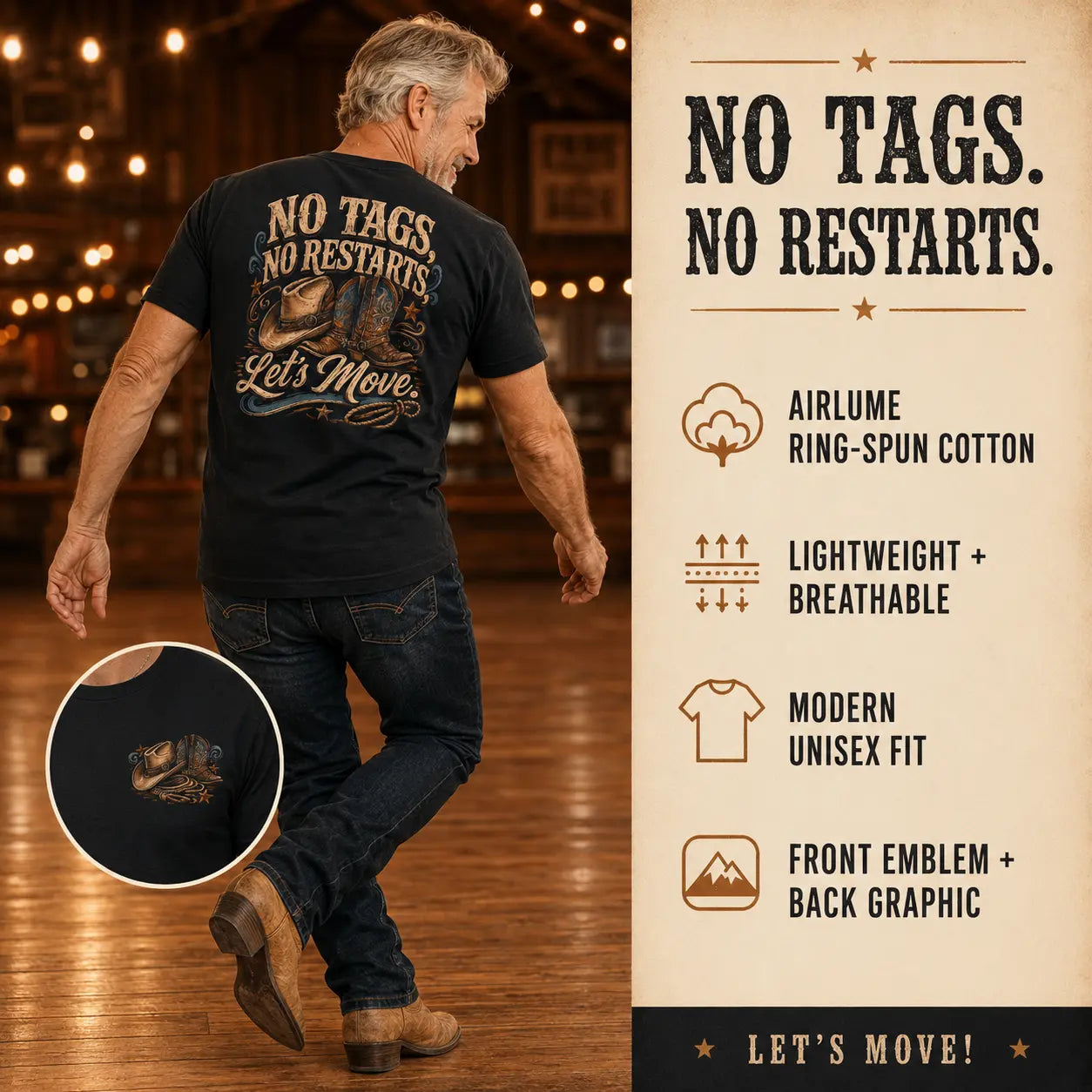 No Tags No Restarts Let's Move tee infographic with a line dancer and feature highlights