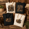 Natural and black ‘No Tags, No Restarts – Let’s Move’ tote bags arranged on a wooden background.