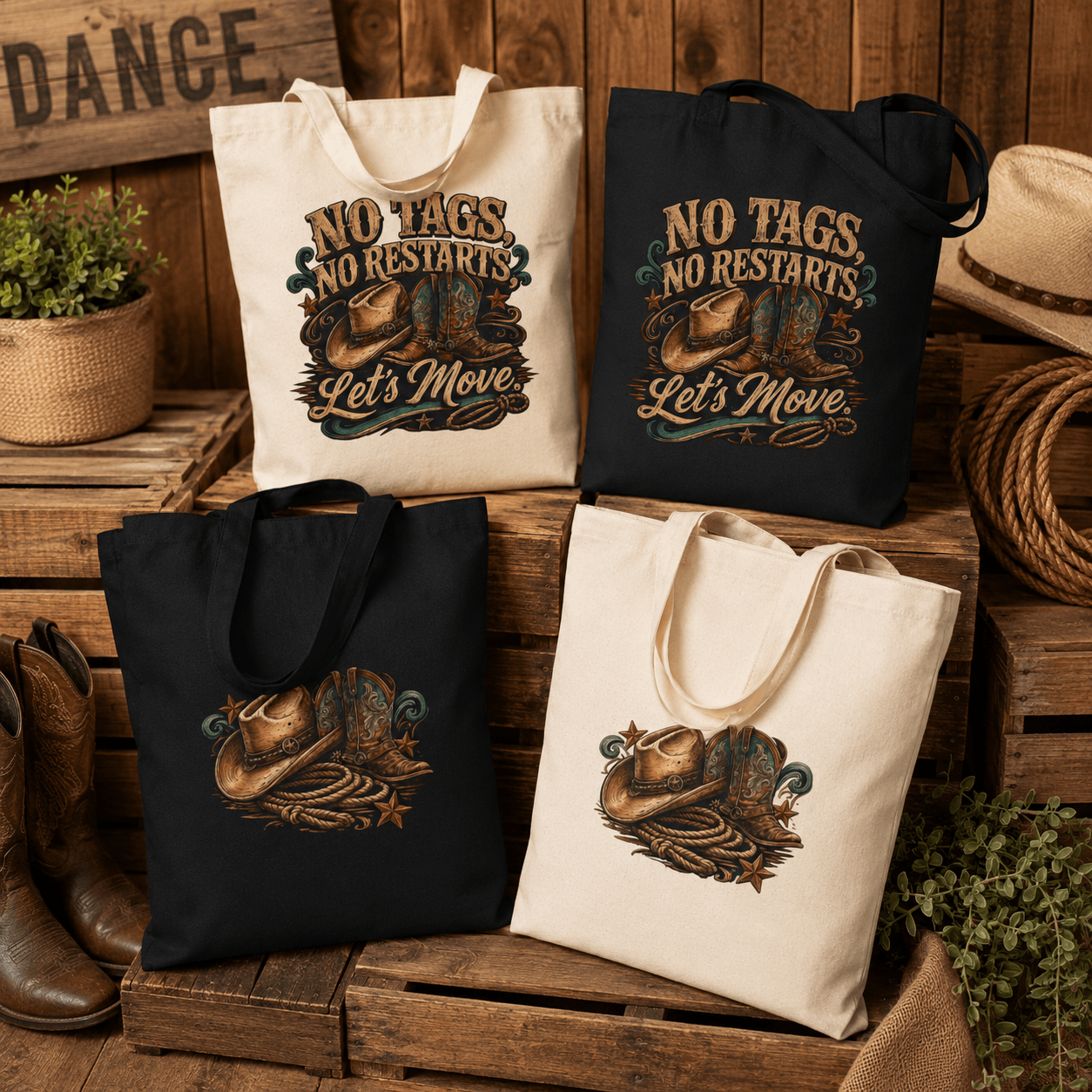 Natural and black ‘No Tags, No Restarts – Let’s Move’ tote bags arranged on a wooden background.