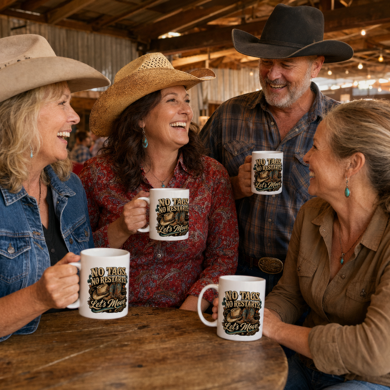 No Tags, No Restarts, Let's Move line dancing mugs in a lifestyle setting