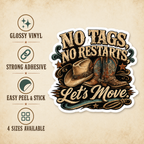 No Tags, No Restarts, Let's Move sticker size guide showing 2, 3, 4 and 6 inch options