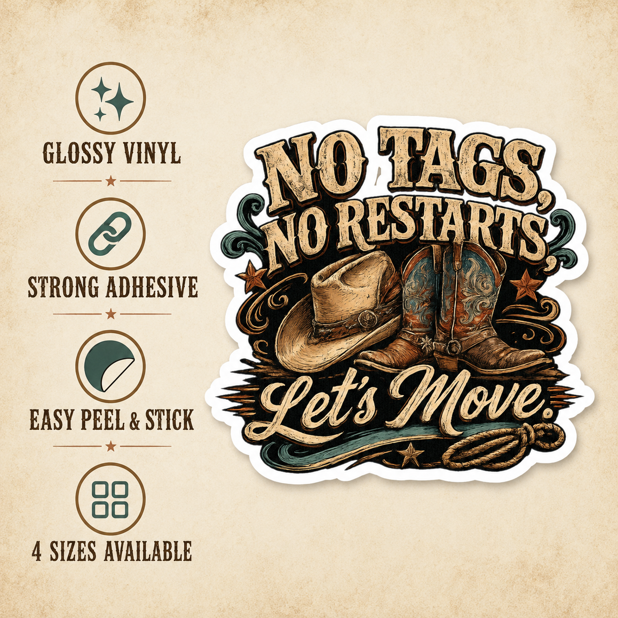 No Tags, No Restarts, Let's Move sticker size guide showing 2, 3, 4 and 6 inch options