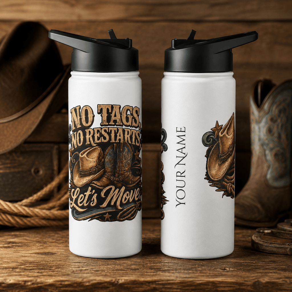 No Tags, No Restarts, Let's Move personalised bottle design