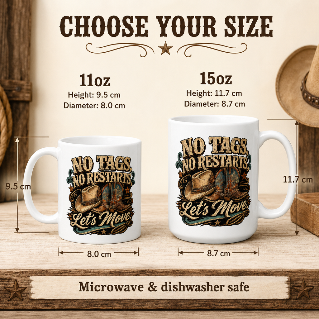 No Tags, No Restarts, Let's Move ceramic mug design