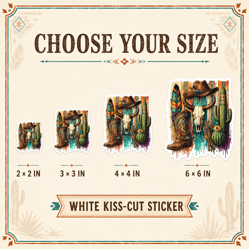 Western boho sticker size guide showing 2, 3, 4 and 6 inch options