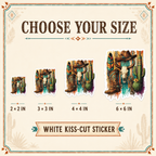 Western boho sticker size guide showing 2, 3, 4 and 6 inch options