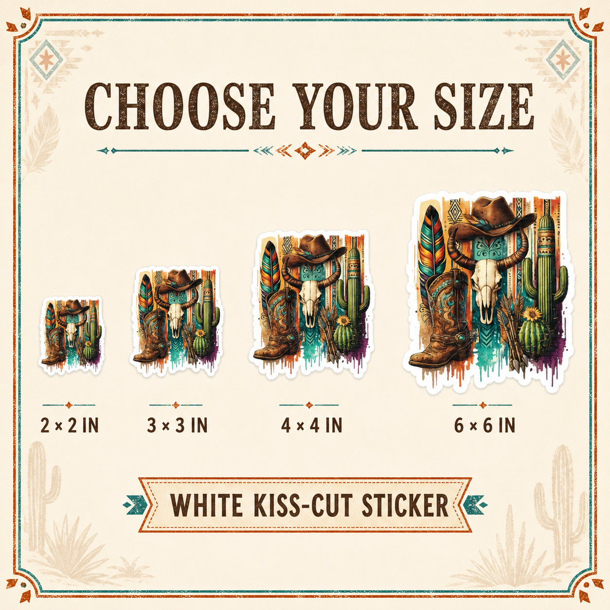 Western boho sticker size guide showing 2, 3, 4 and 6 inch options