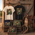 Southwestern Cowboy Skull tees folded in a western-themed display