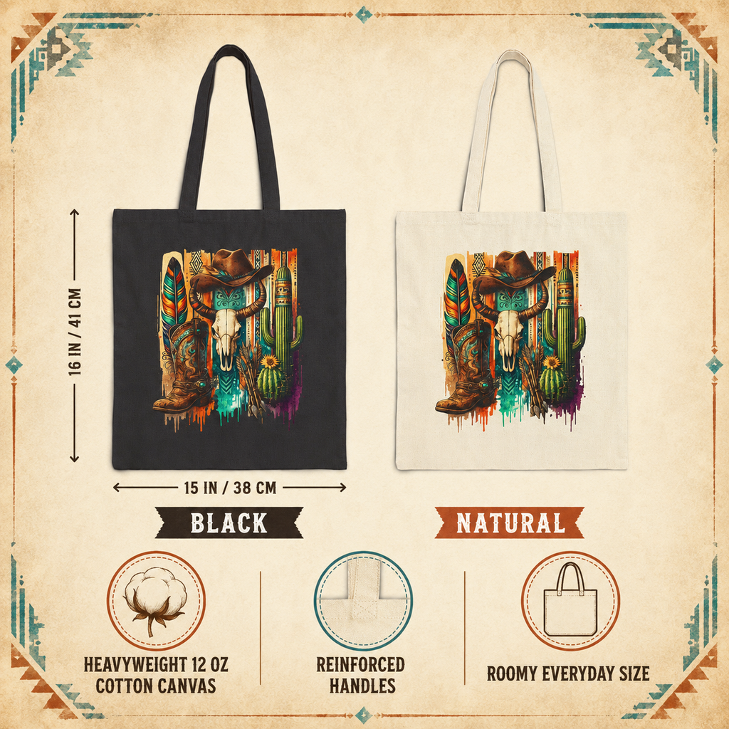Product information graphic for the Southwestern Cowboy Skull canvas tote bag.