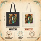Product information graphic for the Southwestern Cowboy Skull canvas tote bag.