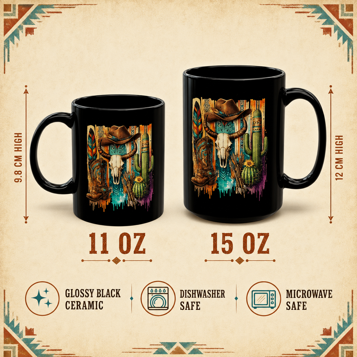 Southwestern Cowboy Skull black mug size guide comparing 11 oz and 15 oz mugs