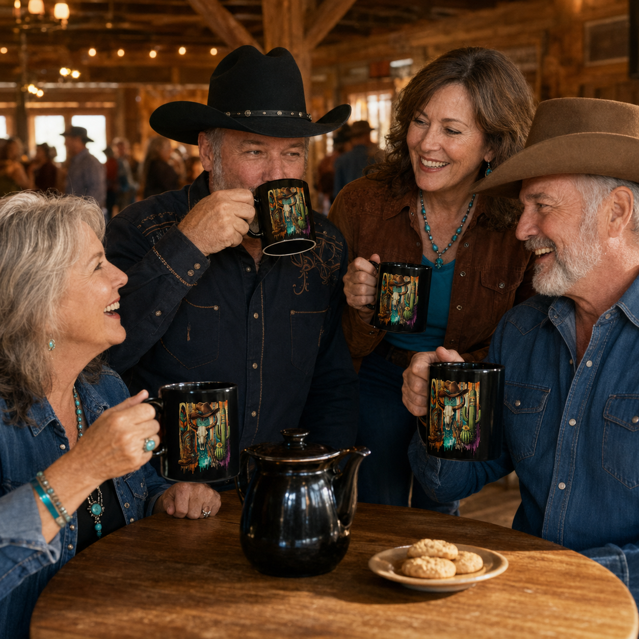 Group enjoying Southwestern Cowboy Skull black mugs in a western lifestyle setting