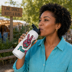Woman drinking from a Peace Love Line Dance bottle showing the peace-hand section of the wrap