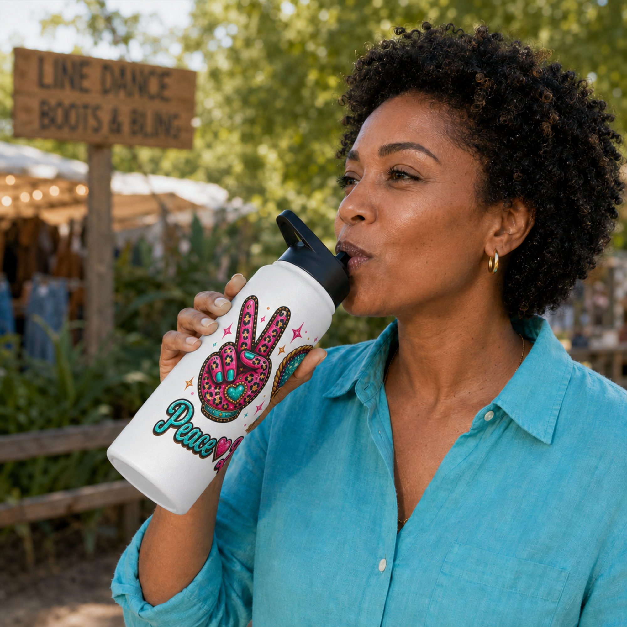 Woman drinking from a Peace Love Line Dance bottle showing the peace-hand section of the wrap
