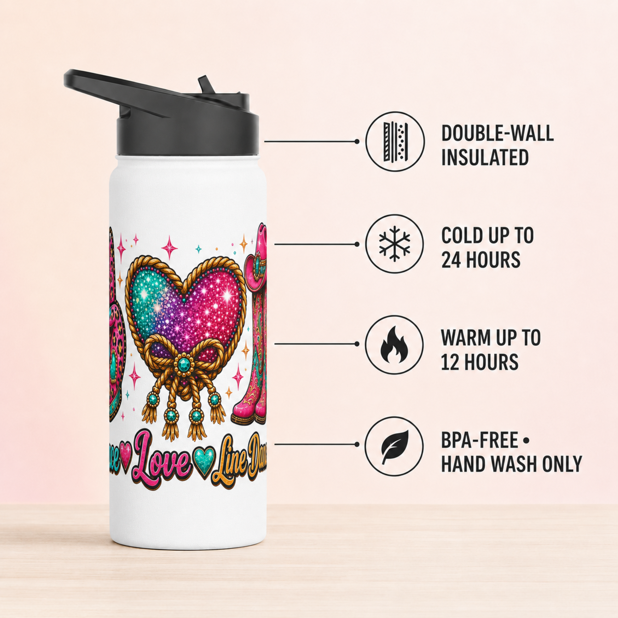 Peace Love Line Dance bottle infographic showing the heart-centred wrap placement