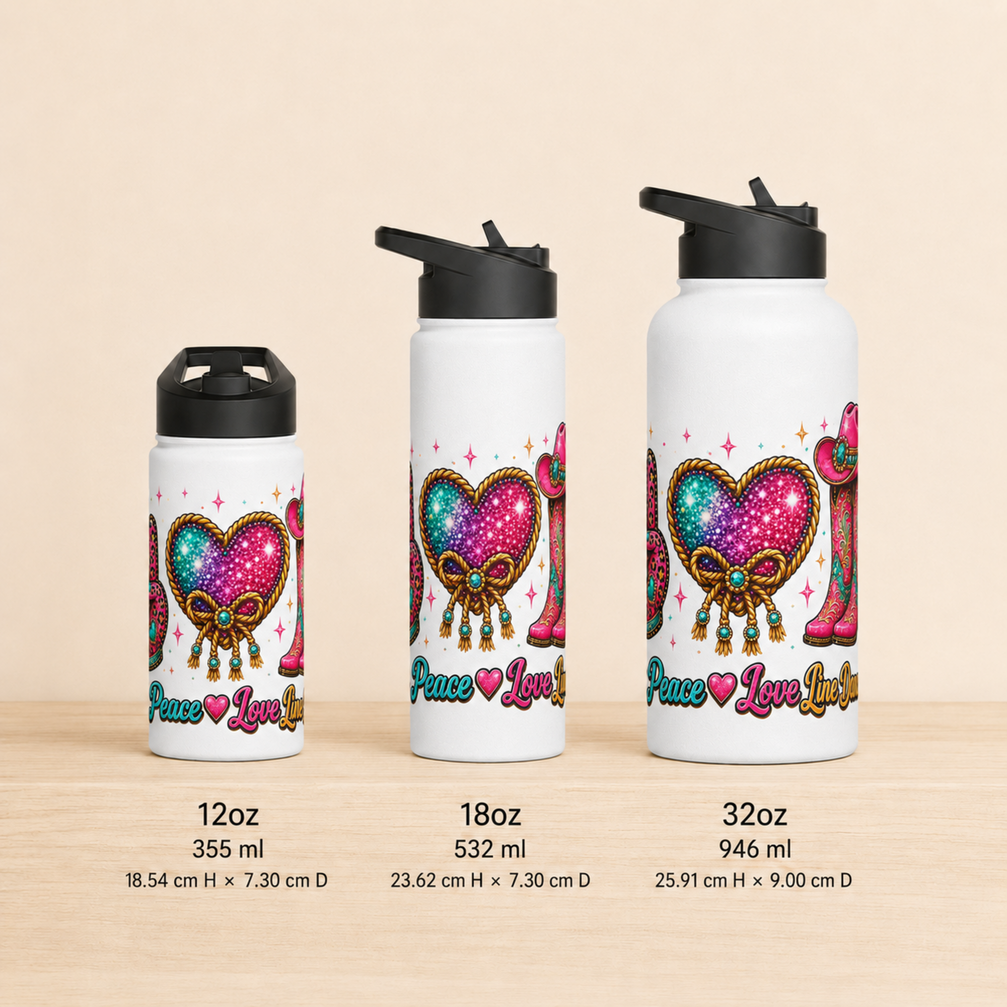Peace Love Line Dance wrap-around bottles in 12oz, 18oz and 32oz sizes