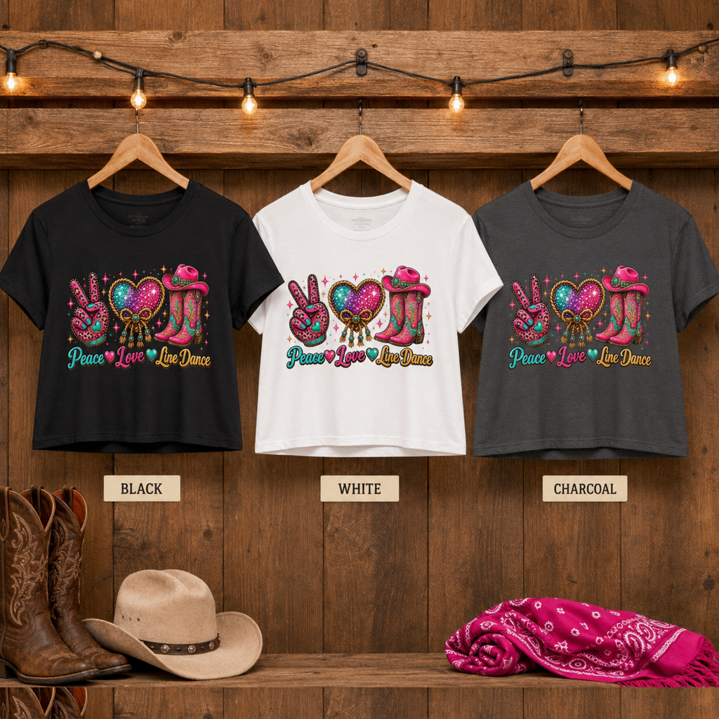 Peace Love Line Dance festival crop tops hanging in black, white and charcoal