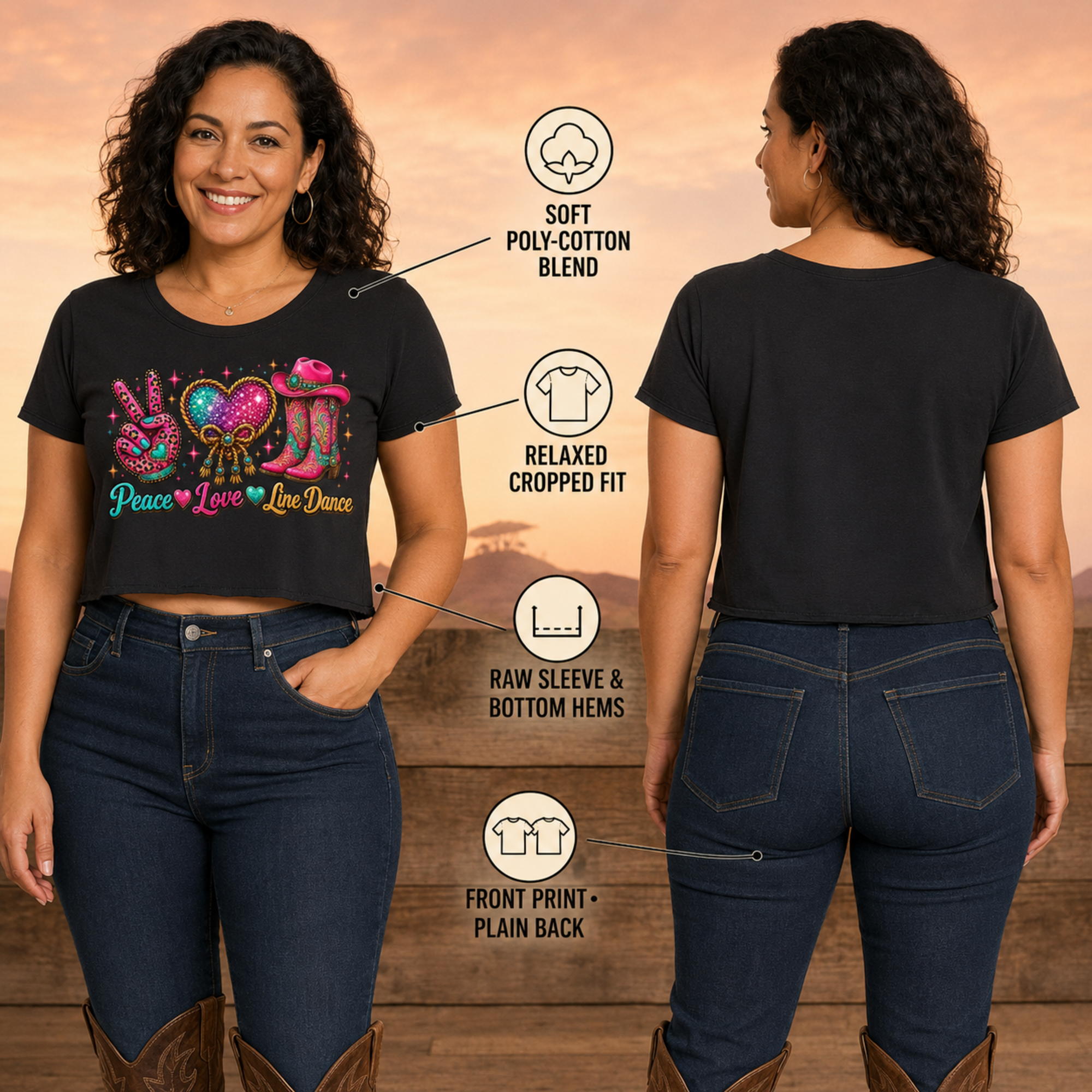 Women's Peace Love Line Dance festival crop front and plain back infographic
