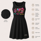 Peace Love Line Dance black knee-length dress infographic with neckline, waist seam, pockets and care features