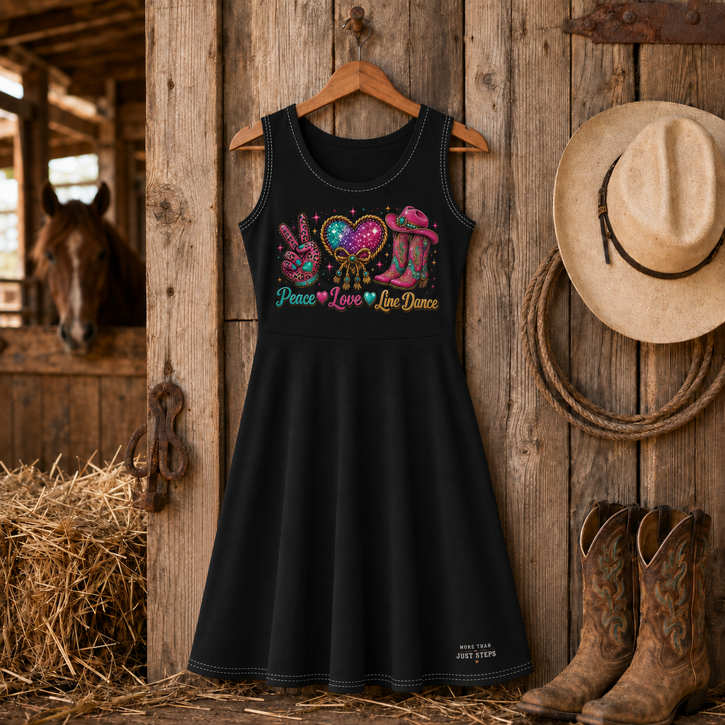 Black Peace Love Line Dance knee-length dress hanging in rustic barn with cowboy boots and hat